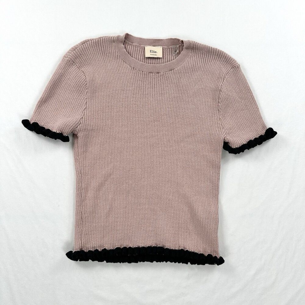 Elie Tahari Short Sleeve Ruffle Sweater Womens Large Pink Mauve Feminine